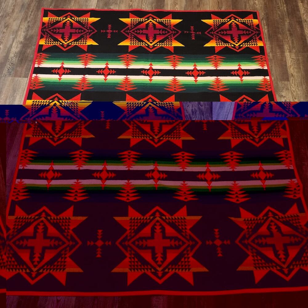Pendelton "Caliente" Vibrant Red Blue Reversible Wool blanket 76" x 64" EUC - Picture 6 of 10